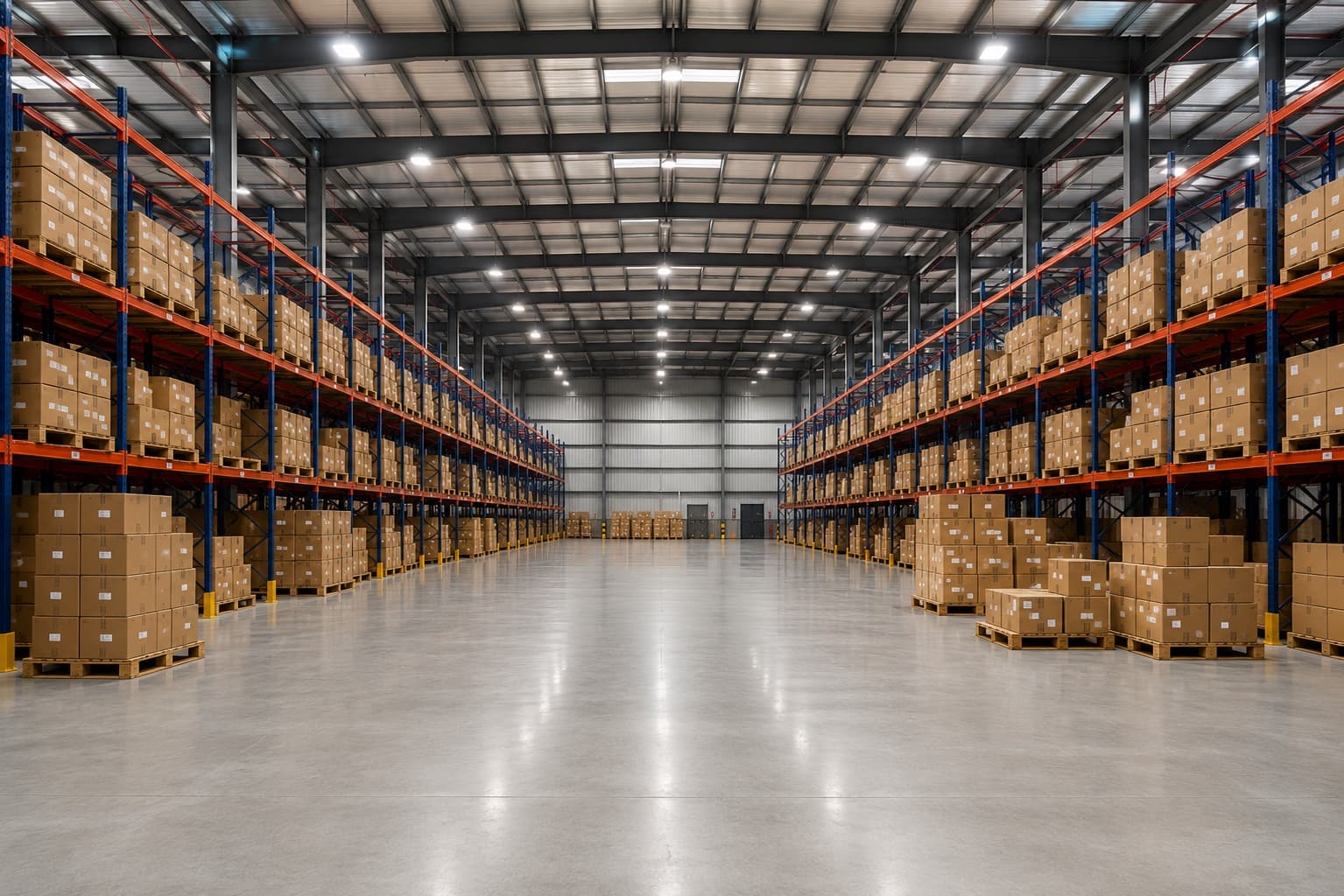 A KásiOS fulfilment warehouse, racked pallets running the length of the aisle under bright overhead lighting